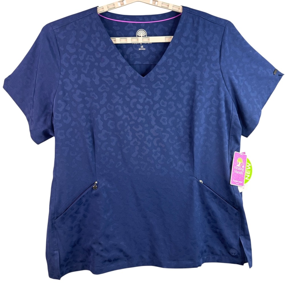 Healing Hands Purple Label Jolie Scrub Top Navy Leopard V-Neck 3X HH601